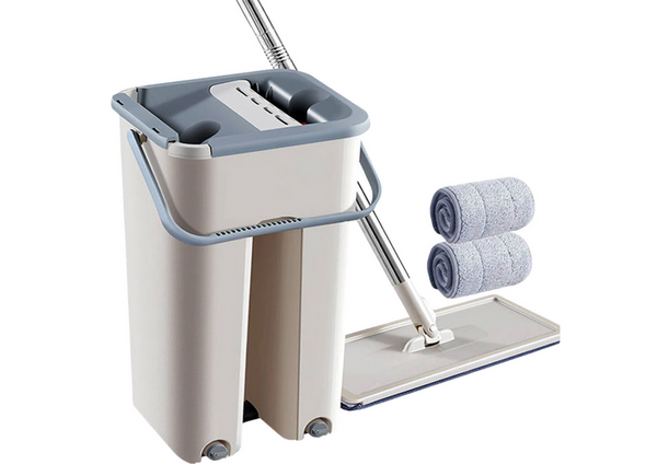 Flat Squeeze Mop with a Double-Chamber Bucket 2 Microfiber Inserts