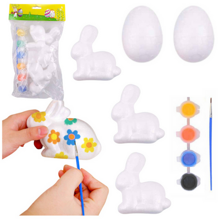 Set for painting styrofoam decorations 3 bunnies 2 eggs paints