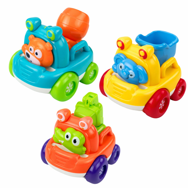 Set mit Baustellenfahrzeugen und Tieren für Kleinkinder, bunt, 3-teilig.