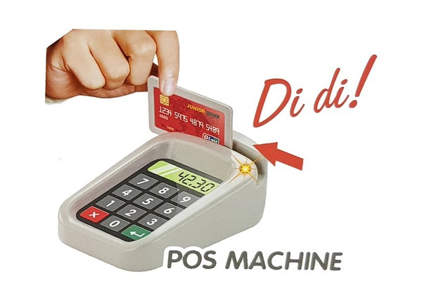 Supermarkt-Set. Einkaufswagen. Skala. Kartenleser. Scanner