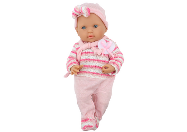 Baby doll, striped sweater, hat, scarf, pink