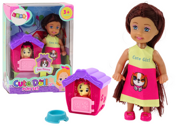 Mini-Puppe, langes Haar, buntes Kleid, Hund, Buda