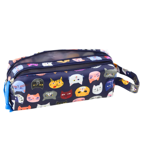 School Pencil Case Colorful Cats Two Pockets Navy Blue 22cm