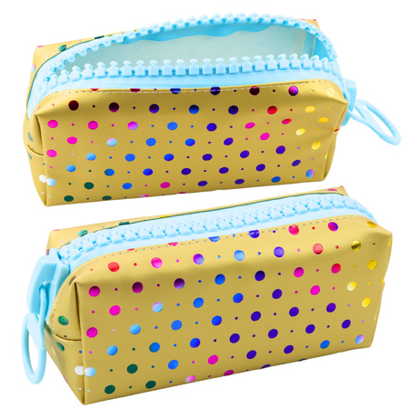 School Pencil Case Organizer Colorful Dots Large Zipper Gold 21x8cm