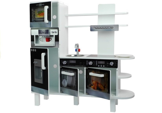 Holzküche mit Kaffeemaschine Kühlschrank Backofen Regal Mikrowelle 