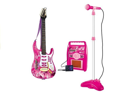 Rosa E-Gitarre mit Mikrofon und Verstärker