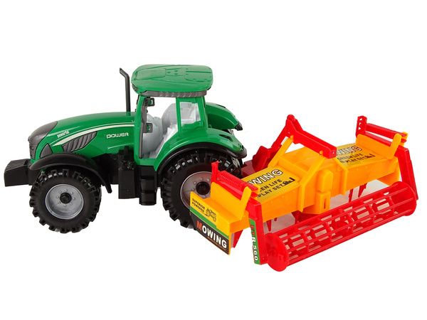 Grüner Traktor mit orangefarbenem Grubber für Kinder