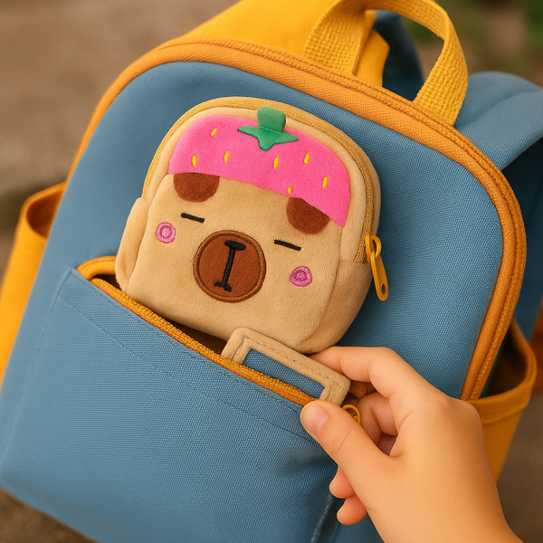 Portfelik Pluszowy Z Brelokiem Kapibara Truskawka Różowa 9,5 x 8 cm