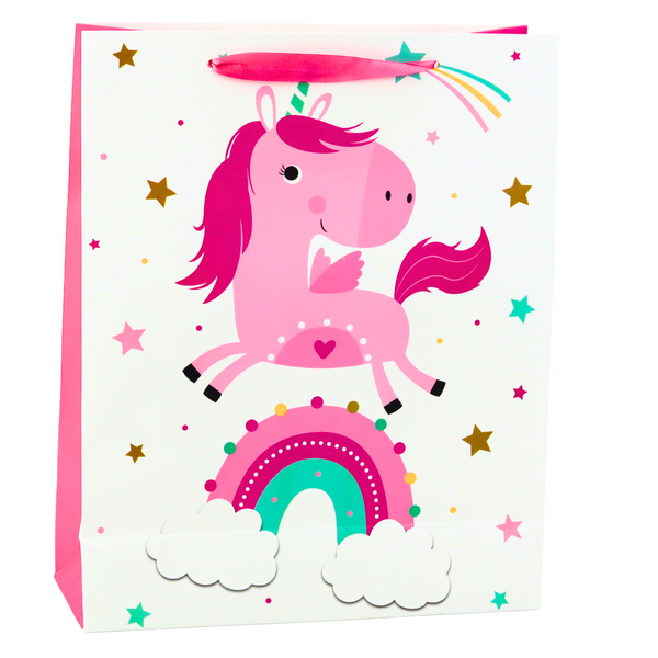 Geschenktüte für Kinder Einhorn Regenbogen Rosa 32x26x10cm
