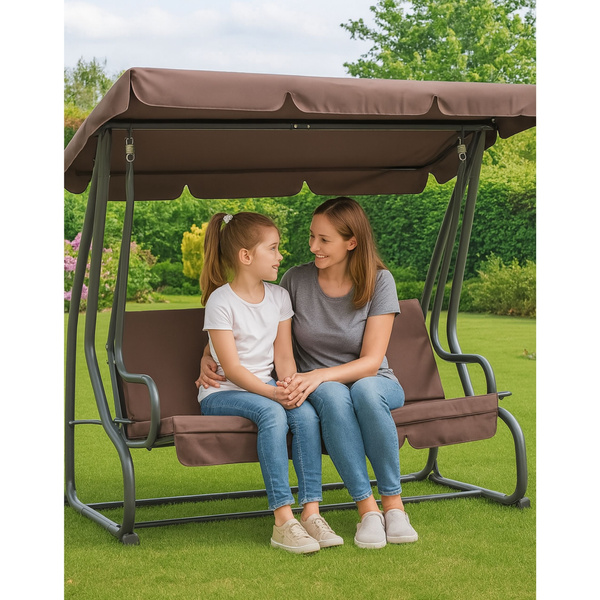 Four-person Garden Swing Rocking Chair Roof Freestanding Brown