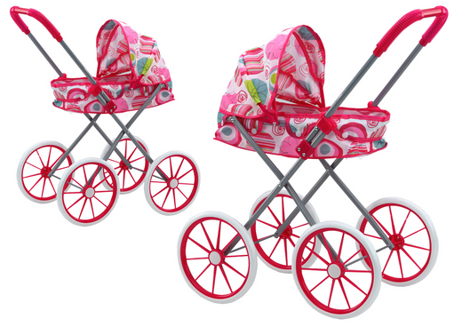 Puppenwagen mit großen Rädern, faltbar, rosa Muster
