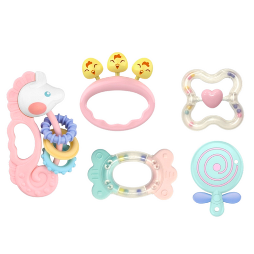 Set sensorischer Rasseln und Beißringe für Babys, Rosa, 5-teilig