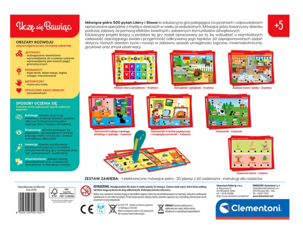 Mówiące Pióro 500 Pytań Litery i Słowa Uczę się Bawiąc Język Polski Clementoni 50780