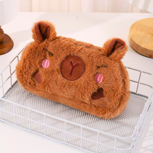 Plush Soft Capybara Pencil Case, Single Compartment, Brown, 19 x 10 cm