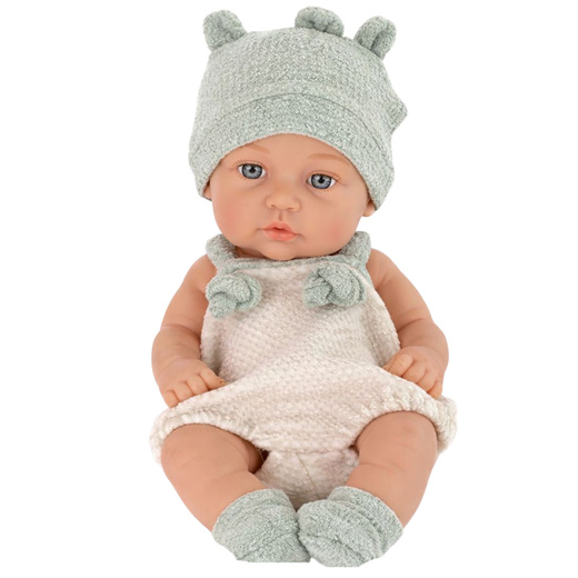 Babypuppe, graues Outfit, Mütze, Lätzchen, 18 cm