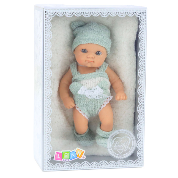 Babypuppe mit Decke, weiß-grauem Outfit, Mütze, 18 cm