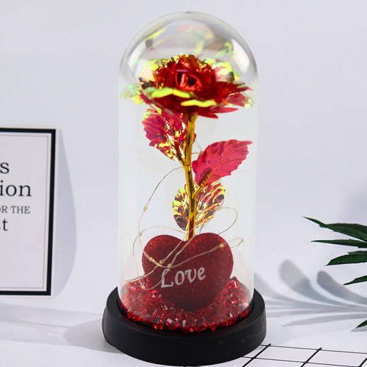Eternal Rose in Dome with LED Lighting Heart Beads Red 21x11cm