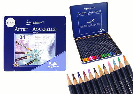 Set of 24 Watercolor Pencils Metal Container
