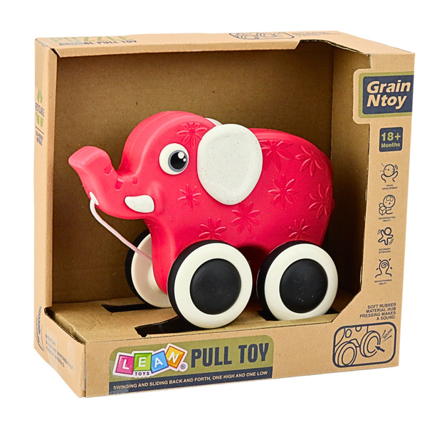 Elephant Pull Toy On A String Squeaker Eco Red