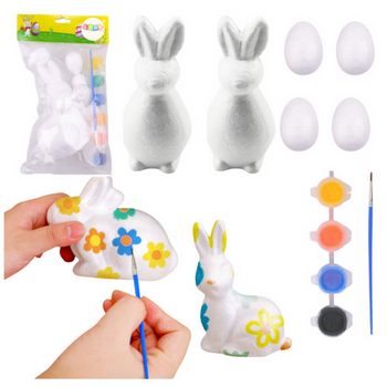 Set for painting styrofoam decorations 2 bunnies 4 eggs paints