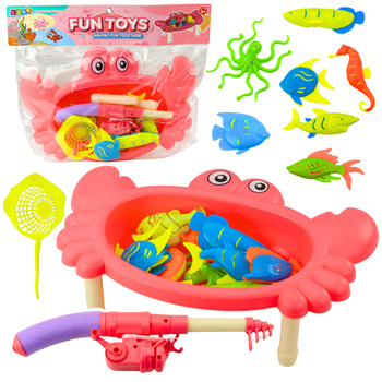 Angelset: Krabbentisch, 10 Fische, Angelrute, Sieb, rosa