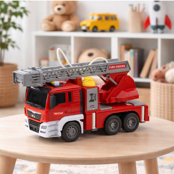 Feuerwehrwagen mit Hupe, Feuerwehrfahrt, Wasserstrahl, Lichter, Geräusche