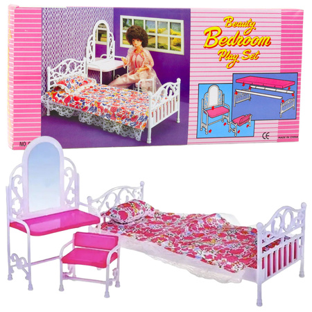 Puppenmöbel Set Bett Frisiertisch Stuhl Bettwäsche Floral
