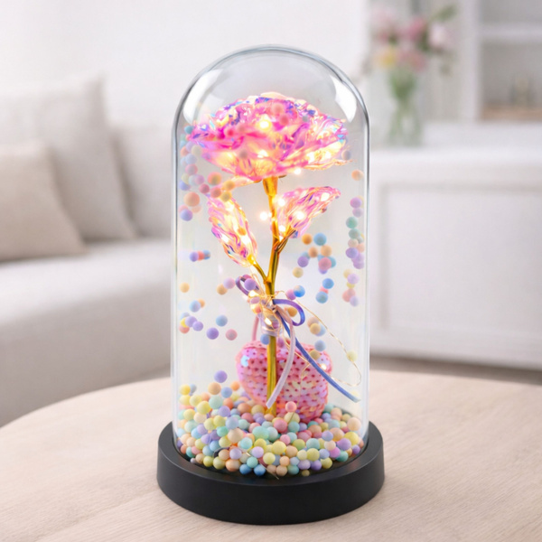 Eternal Rose in Dome with LED Lighting Pink with Heart and Balls