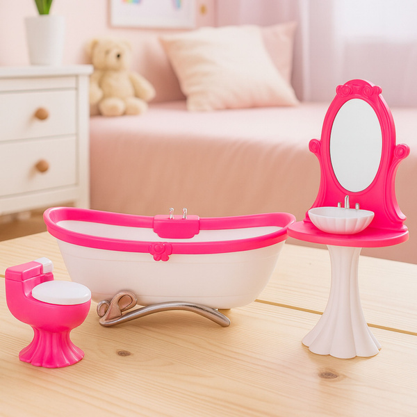 Doll's Bathroom Set: Bathtub, Toilet, Washbasin with Mirror