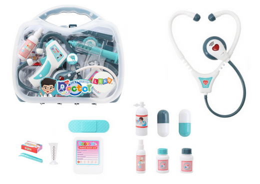 Kleine medizinische Ausrüstung des Arztes im Koffer leuchtet blaue Geräusche