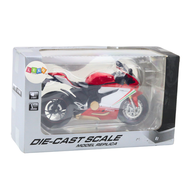 Sportmotorrad, Metall, rote weiße Lichter, Geräusche, 1:12