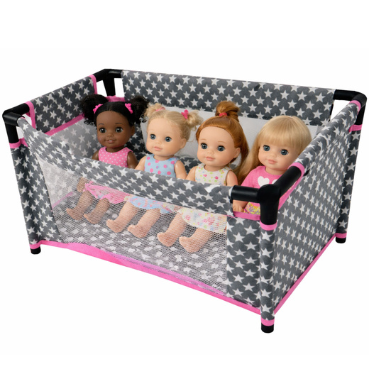 Alice Dolls' Bed with Stars, Bag, Blanket, Pillow, Gray and Pink