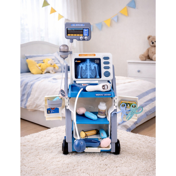 Arztkoffer für kleine Doktoren, medizinischer Wagen, Röntgen, EKG, Lichter, blau, 16-teilig.