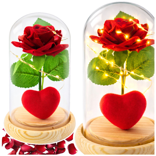 Wieczna Róża w Kopule z Oświetleniem LED Czerwona z Serduszkiem 14x8cm