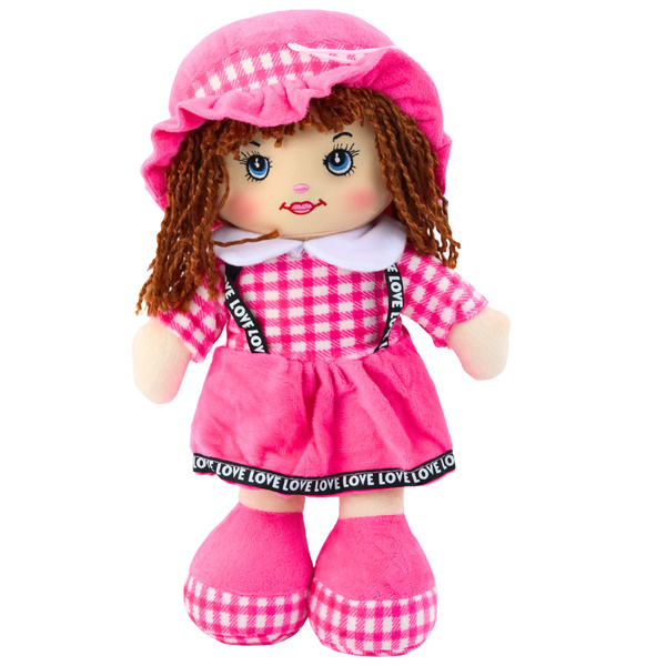 Stoffpuppe, Kuscheltier, kariertes Kleid, rosa, 35 cm