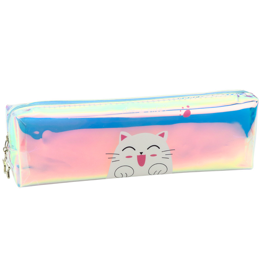 Kinder-Schulmäppchen Holografisch Mit Katze Blau 21x6cm