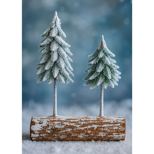 Weihnachtsbaum-Kompositionsdekoration auf einem mit Schnee bedeckten Stamm, 34 x 28 cm