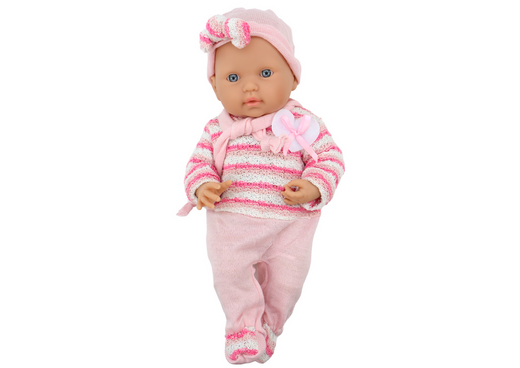 Babypuppe, gestreifter Pullover, Mütze, Schal, rosa