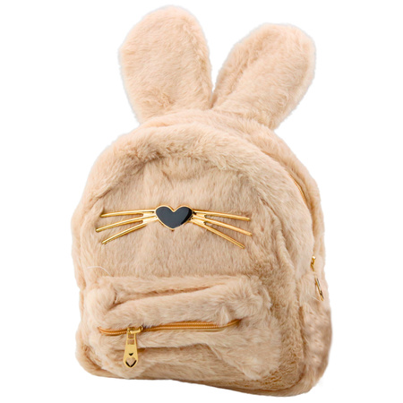 Kinderrucksack aus pelzigem Plüsch mit Hasenohren, Nase und Schnurrhaaren, Beige, 3 l, 22 cm