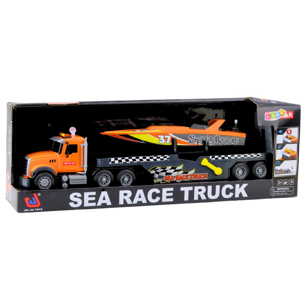 LKW mit Aufzieh-Motorboot, Lichter und Geräusche, Orange Set
