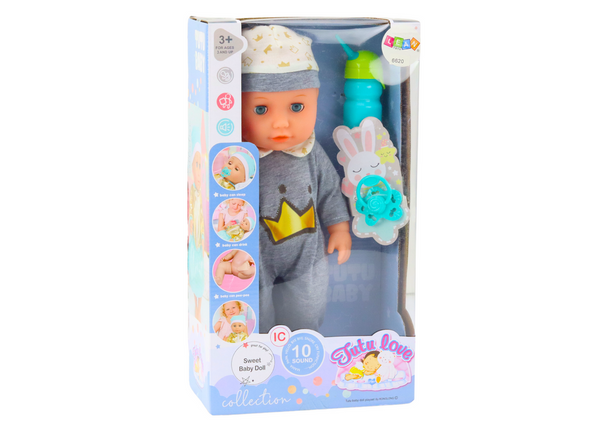 Baby Doll In Gray Pajamas Peeing Bottle Pacifier Sounds