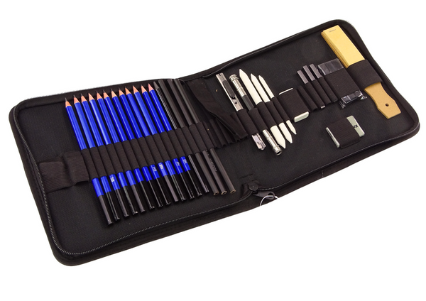 Zeichenset mit Stiften, Zubehör und Federmäppchen, 32-teilig.