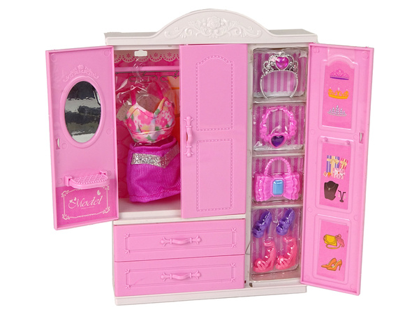 Puppe mit Garderobe Kleiderschrank Zimmermöbel Kleiderschrank Bett Zubehör