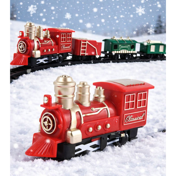 Klassische Mini-Eisenbahn, batteriebetriebene Lokomotiven, Waggons mit Schienen, 13-teilig.