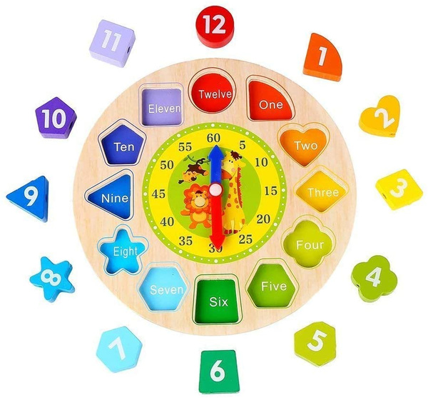 Wooden Educational Sorter Clock Learning Numbers Shapes Colours