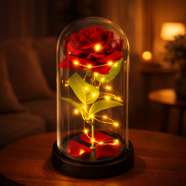 Ewige Rose in Glaskuppel mit roter LED-Beleuchtung, 21,5 x 11 cm