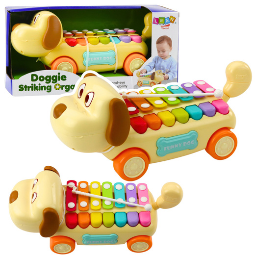 Reithund mit Becken, beweglichen Ohren, Schwanz, Stock an einer Schnur