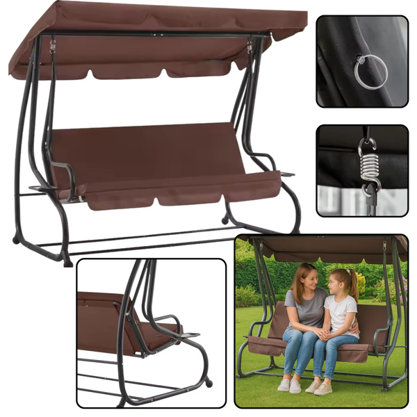 Four-person Garden Swing Rocking Chair Roof Freestanding Brown