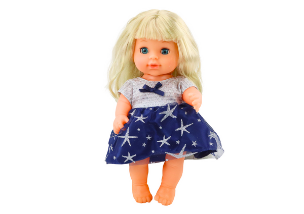 Doll In Navy Blue Dress Peeing Bottle Rattle Sounds