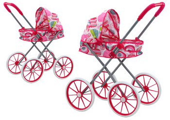 Puppenwagen mit großen Rädern, faltbar, rosa Muster